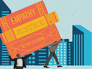 business people carrying books that say empathy justice active listening